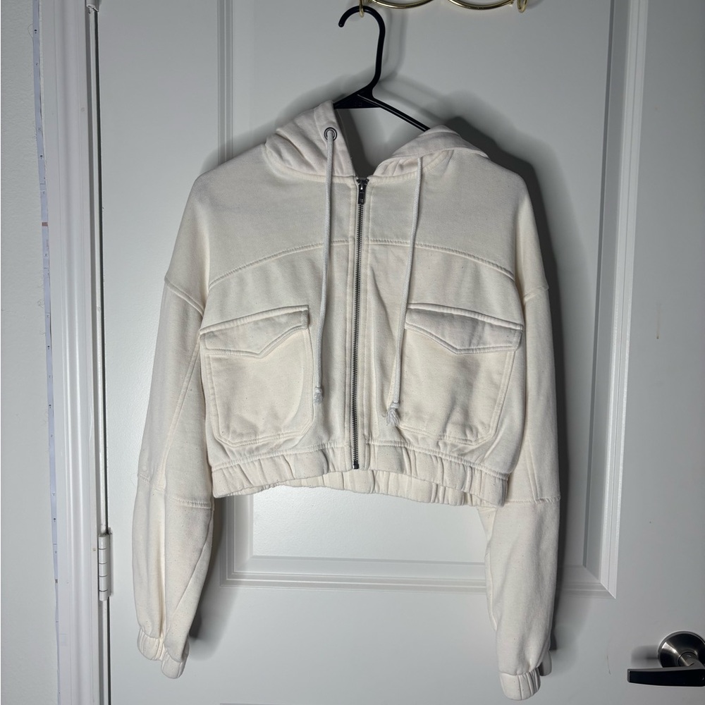 Forever 21 Cream Bomber Jacket with Hood